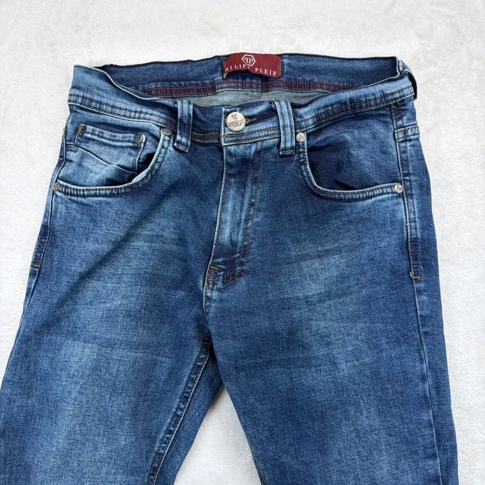 Philipp Plein Mens Jeans 30x34 Blue Slim Straight Logo Designer Denim Luxury
